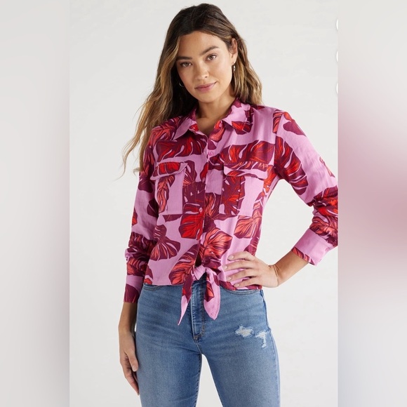 Sofia Vergara Women's Linen Blend Tie Front Top with Cargo Pockets Small NWT - Picture 1 of 10